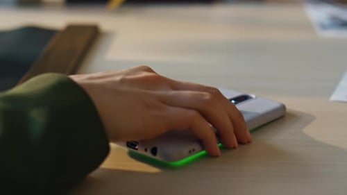 Unknown Woman Answering Call by Green Screen Modern Smartphone Indoors Close Up