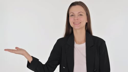 Smiling Woman Presenting on White Background