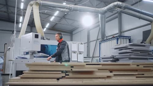 Atelier modernisé d'usine de meubles ou de menuiserie L'opérateur de machine travaille avec un routeur CNC