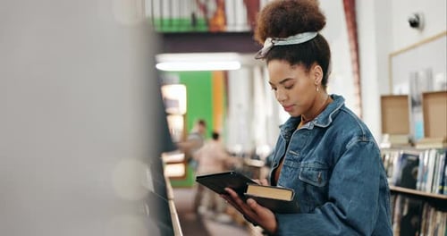 University, African woman and book with tablet in campus library for fact check study