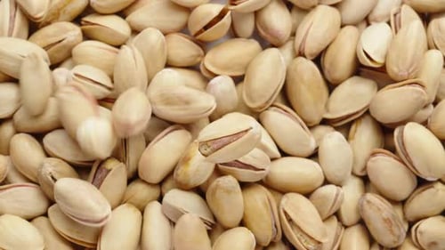 One salted pistachio rotates, they pour on the table. Close-up.