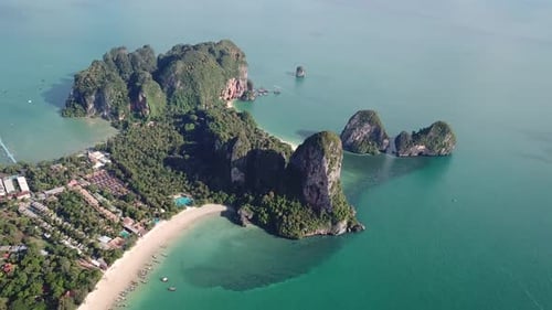 Stunning Nature of Thai Coast. Limestone Cliffs, Turquoise Sea Water and White Sand on Railay Beach,