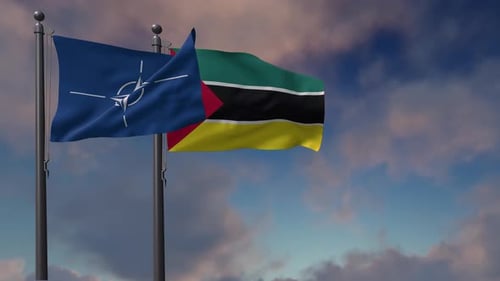 NATO and Mozambique National Flags Flying Together in 3D