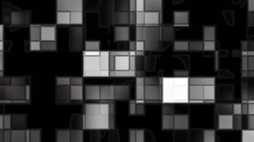 Abstraktes Graustufenmosaik: Pixelige Quadrate, Grautöne, schwarzer Hintergrund, digitale Kunst