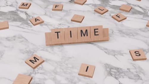 3D Wooden Letter Tiles Spell Time on Marble