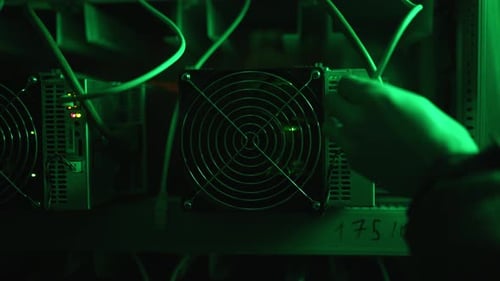 Bitcoin Mining Equipment Service on Cryptocurrency Farm Technician Inserts Rj45 Ethernet Cable