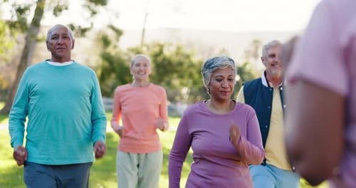 Senior, personal trainer or people in park for fitness or body mobility in outdoor cardio workout