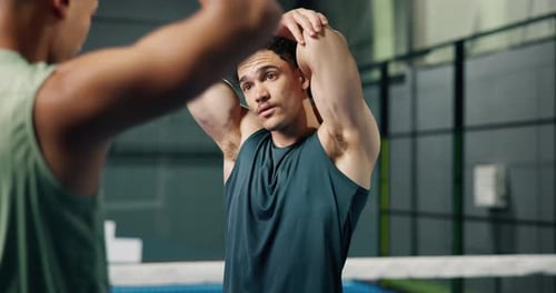 Men, stretching and fitness with preparation in tennis court for sport, workout or exercise