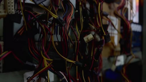 Bunte Kabel baumeln an Regalen. Kabel von Computergeräten und elektronisch Geräten auf einem Regal