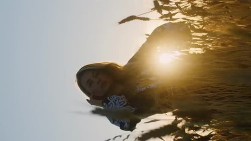 Vertical video caucasian romantic woman standing on a wheat field in evening blooming rays of light