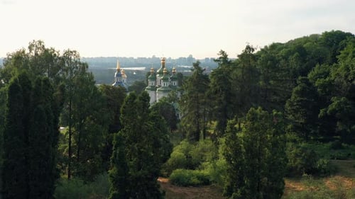 Landscape of Orthodox Slavic Church Amoung Green Trees