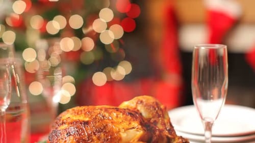 Christmas Table Setting with Turkey on Platter Baked