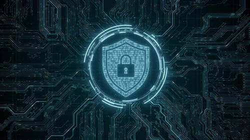 Pin de hud virtual con holograma de seguridad con escudo y candado, concepto de privacidad de datos financieros y