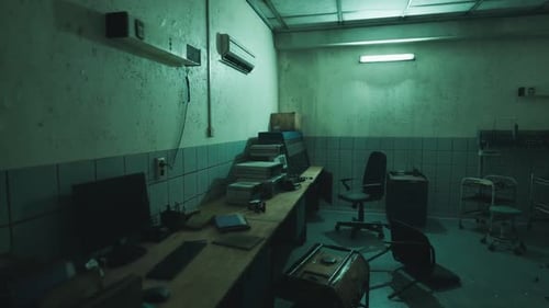 A Dimly Lit Office with Cluttered Desks and a Vacant Chair During Late Hours