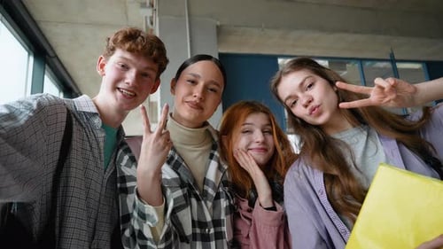 Group of Students Friends Together in a Selfie Making Funny Faces at University Best Friends Taking