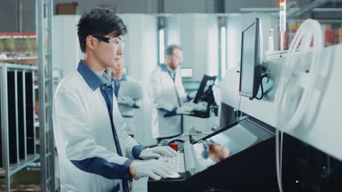 In einer High-Tech-Fabrik verwendet ein asiatischer Ingenieur einen Computer zur Programmierung von Elektronisch Pick-and-Place-Maschinen
