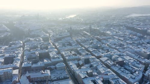 Aerial Old town square in the city of Krakow in winter during Christmas.