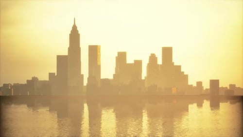 Mystischer Panoramablick auf Business Bay mit violettem Sonnenaufgang