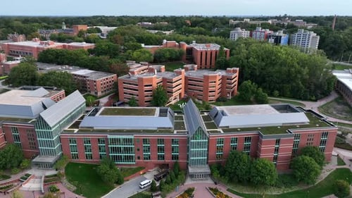 College campus. Towson University in Maryland, USA. Aerial truck shot.