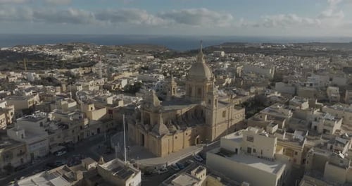 Aerial view of historic buildings and church, Malta.