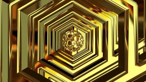Movement Through a Tunnel of Gold Shapes, Background, 3D Render, Exclusive, Reflection