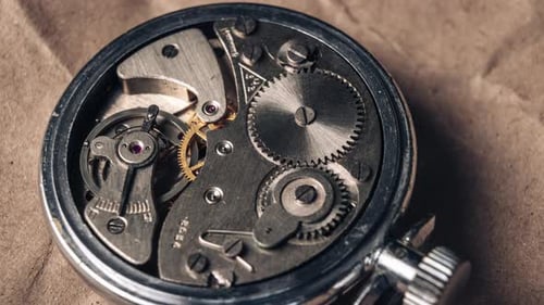 Watch Mechanism Gears Turning in Macro View