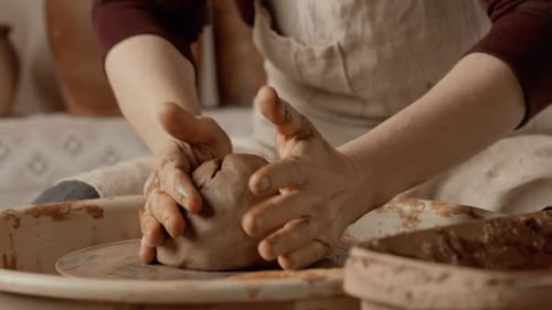Potter Preparing Clay for Work in Pottery Workshop Working Process