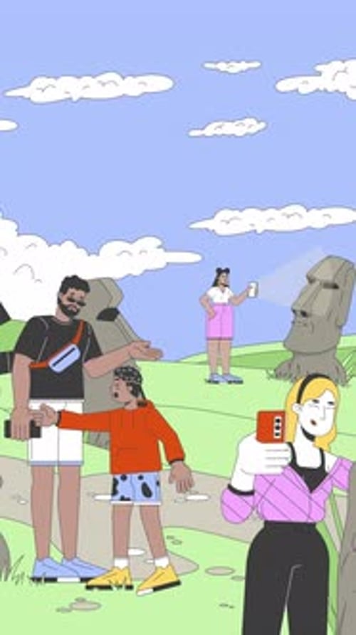Diverse tourists sightseeing Easter island moai cartoon vertical animation