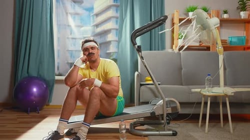 Man Rests After Exercising at Home on Treadmill