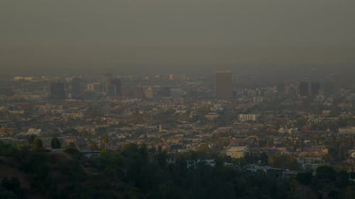 Morning traffic flows along the 101 freeway through Los Angeles, California between Hollywood and do