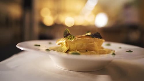 Close-up of plate with gourmet food in exclusive fine dining restaurant. Argentina.