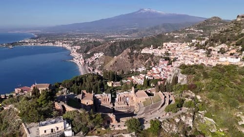 Aerial view of The Greek Theatre of Taormina and Mount Etna, Sicily, Italy