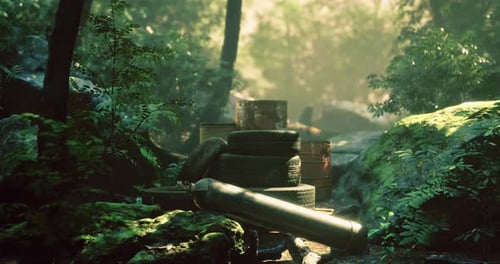 Natural Setting Featuring Discarded Tires and Containers in a Forest