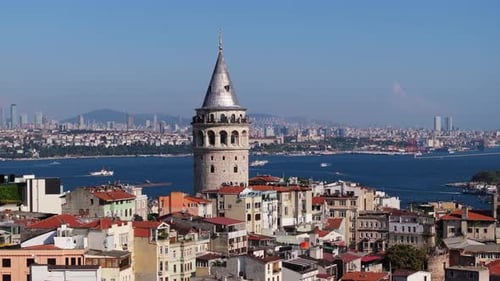 Incredible Aerial View of Galata Tower, Istanbul. Golden Horn Background. Close Up