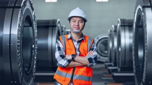 Asian Male Engineer Crossing His Arms And Smiling To Camera In Metal Factory