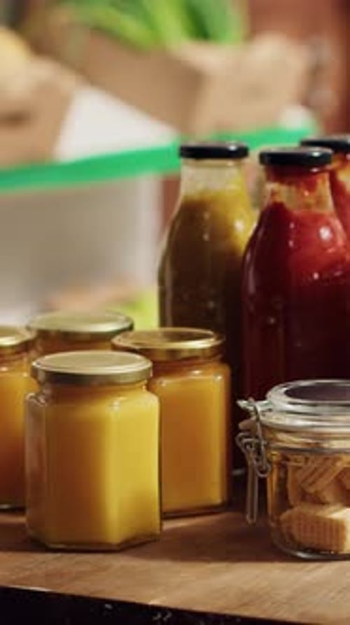 Jars and Bottles Filled with Various Foods