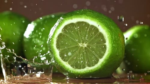 Fresh Limes and Splashing Water Close Up