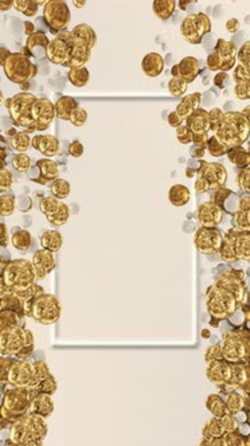 Empty Luxury White Frame Glossy Golden Particles Border Surrounded By Floating Golden Spheres