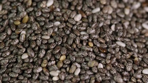 Chia seeds rotating background macro. Seed of chia or Salvia hispanica, mint family, hygroscopic