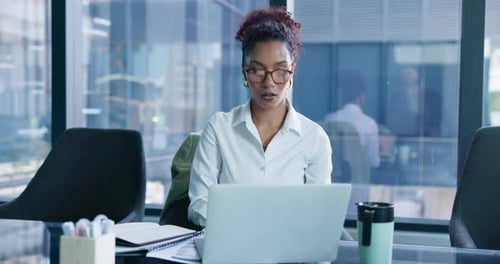 Writing, reading and laptop with business woman in office for patent lawyer