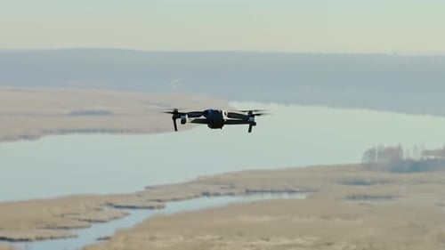 Drone flight over wetlands and lake, aerial view