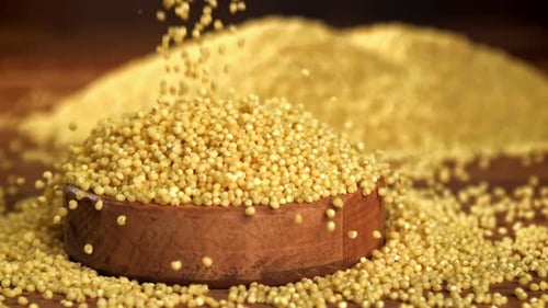 Millet Seeds Poured into Wooden Bowl Close Up