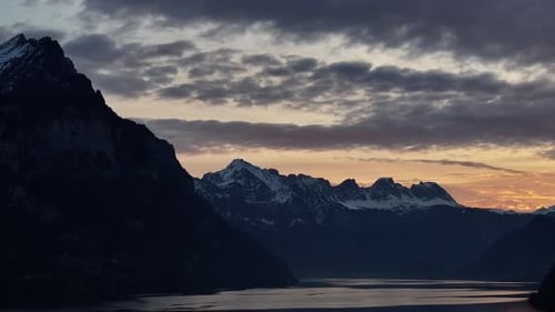 Dawn breaks over Churfirsten, Walensee, Weesen, Switzerland - aerial