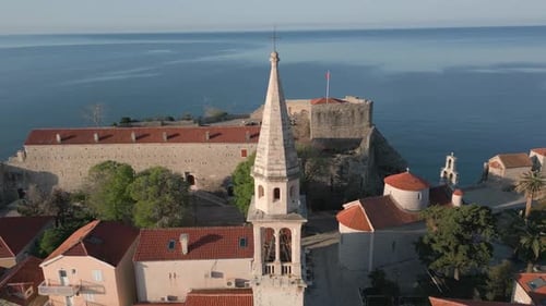 The old town of Budva shot from a drone. The best sights of Montenegro.