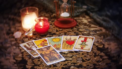 A mystical fortune teller lays out a tarot card spread. The devil, tower, and wheel of fortune cards