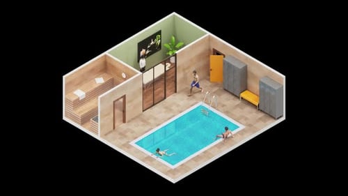 Spa and Wellness center in 3d Isometric Style. Loop Animation. Alpha Channel