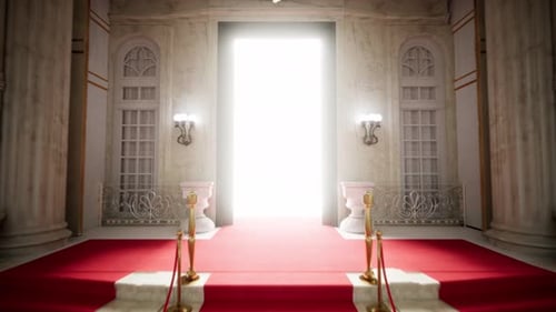 Elegant Doors Opening to Bright Light Red Carpet Reveal
