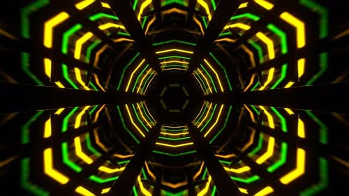 Yellow And Green Hexagonal Neon Mirrored Tunnel Background Vj Loop In 4K