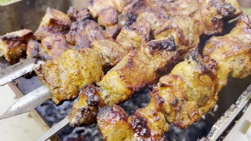 Juicy Barbecue Meat Cooking on Skewers
