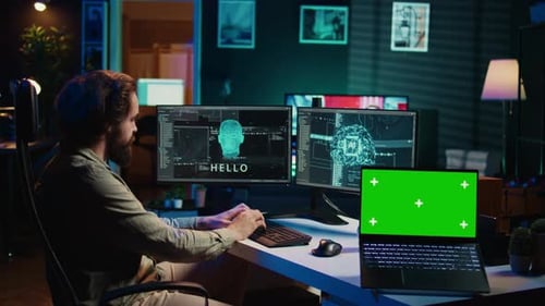 Engineer with EEG Headset on Merging with AI Green Screen Laptop